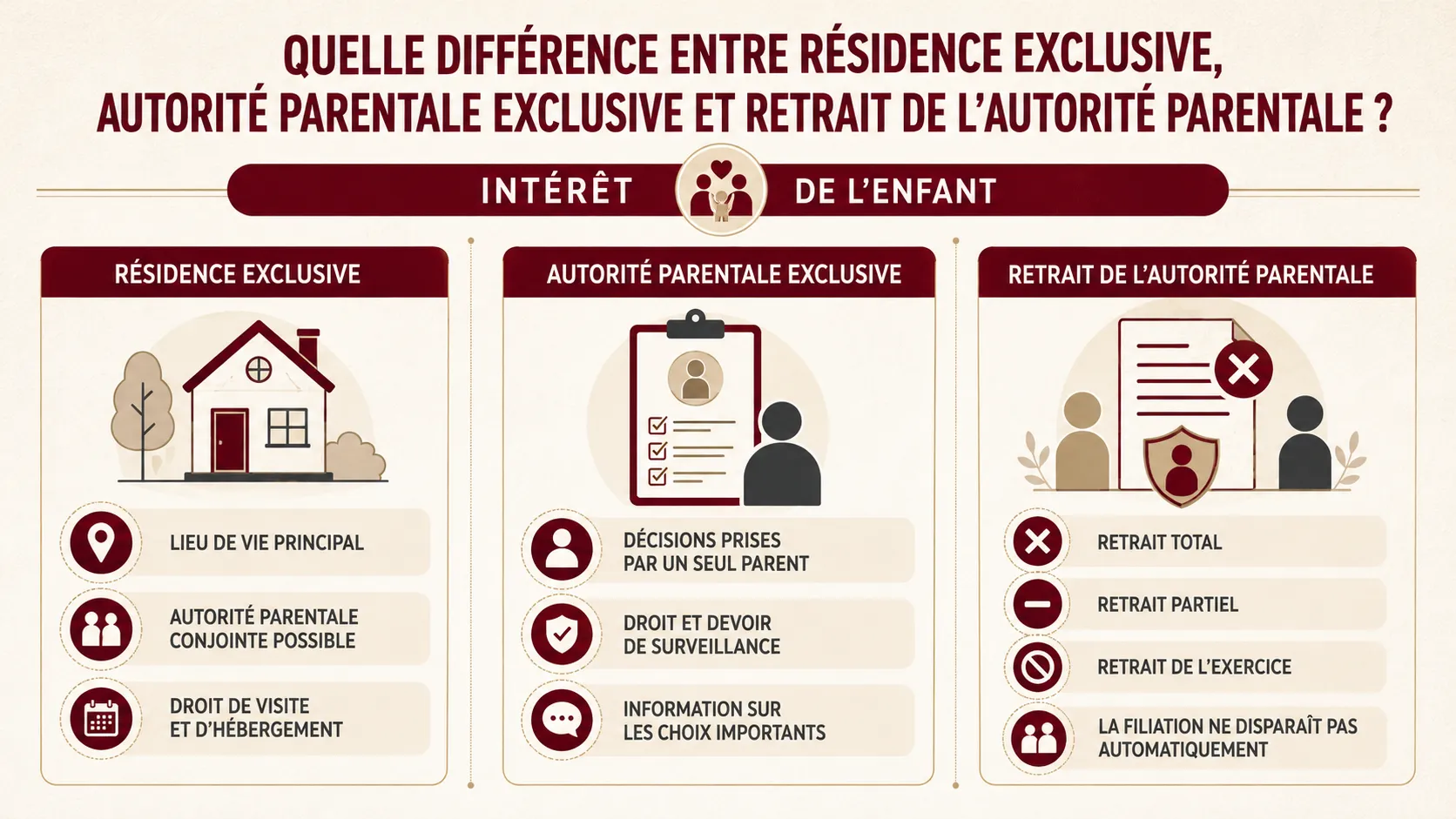 Comparaison entre résidence exclusive, exercice exclusif et retrait de l’autorité parentale.