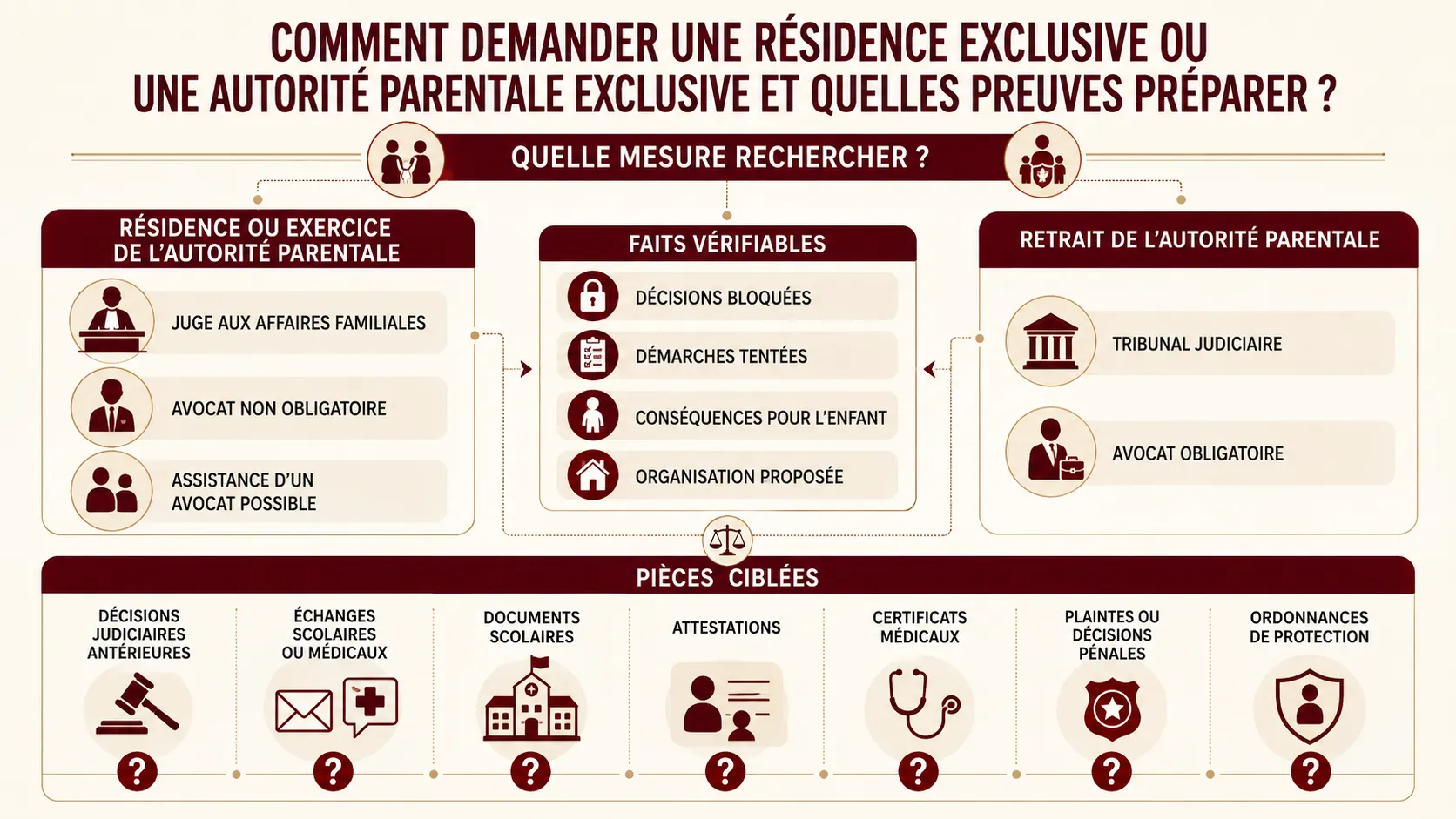 Procédures et preuves pour demander une résidence ou une autorité parentale exclusive.