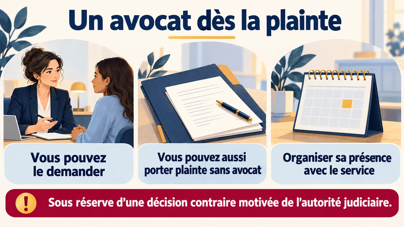 Trois repères pour demander la présence d’un avocat dès la plainte, sans en faire une condition pour porter plainte.