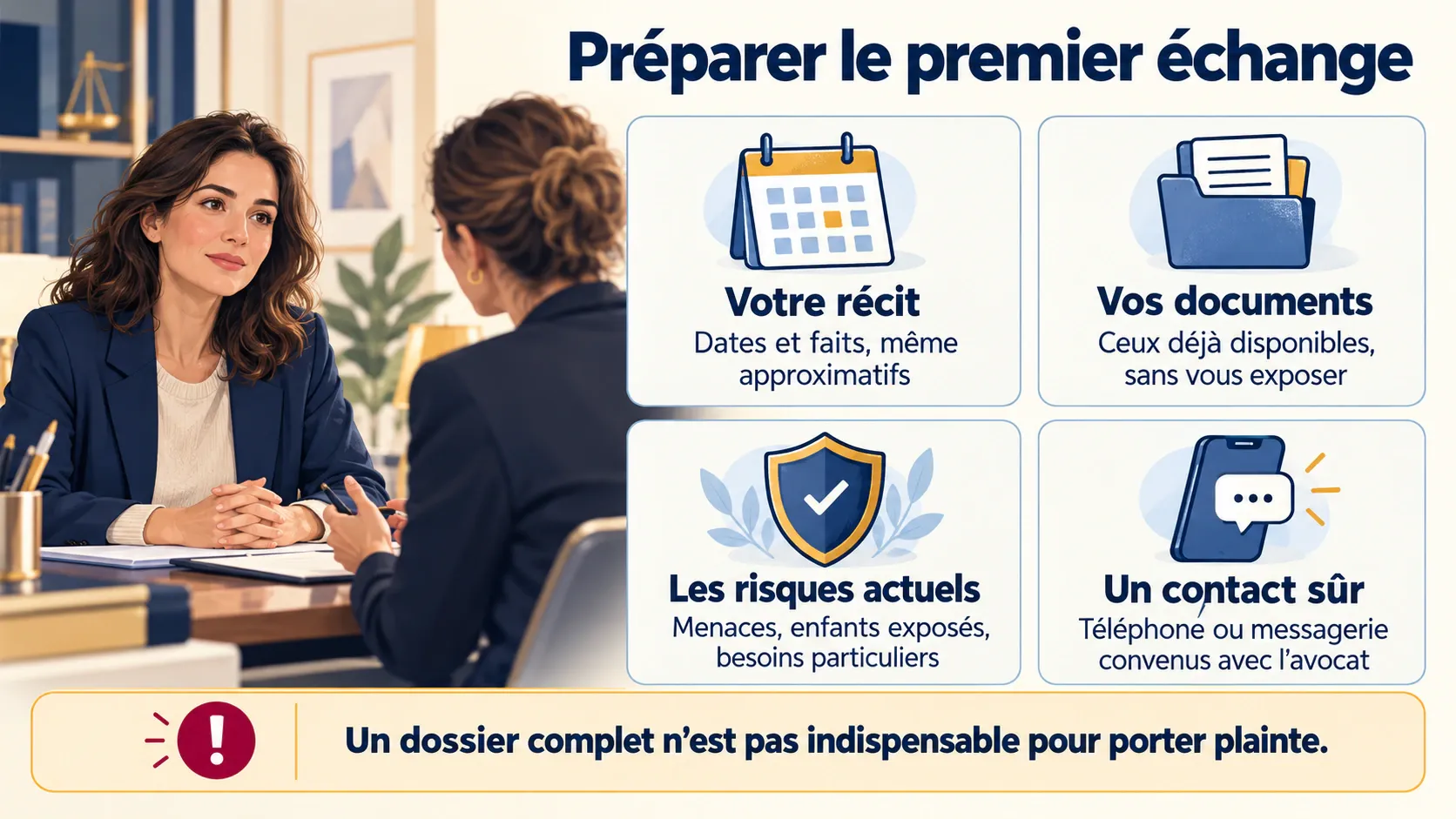 Préparer le récit, les documents disponibles, les risques actuels et un moyen de contact sûr pour échanger avec l’avocat.