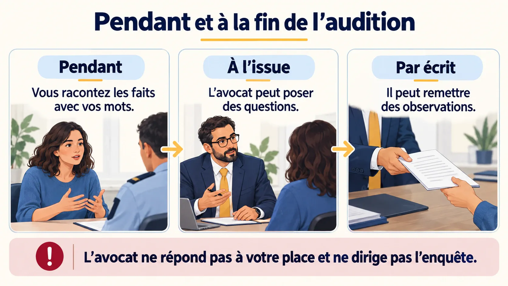 Pendant l’audition, la victime raconte les faits ; à l’issue, l’avocat peut poser des questions et remettre des observations écrites.