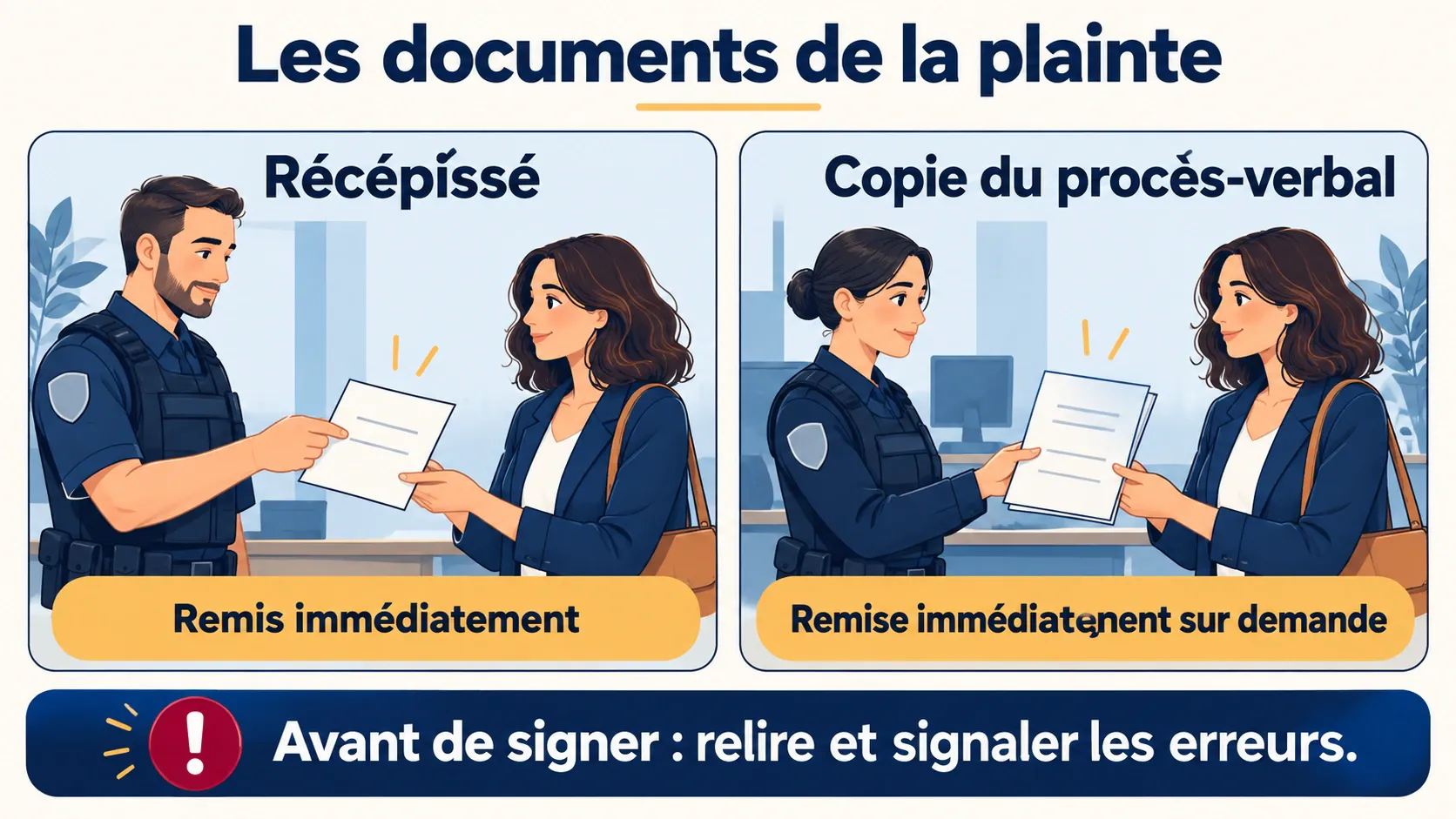 Distinguer le récépissé remis immédiatement de la copie du procès-verbal remise immédiatement sur demande, et relire avant de signer.