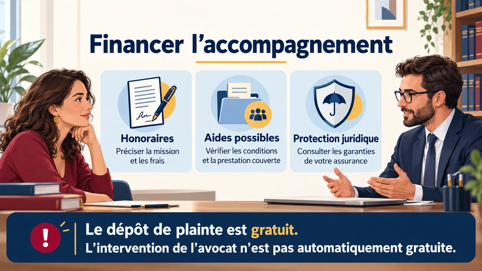 Définir les honoraires, vérifier les aides applicables et les garanties d’assurance ; le dépôt de plainte est gratuit mais l’avocat ne l’est pas automatiquement.