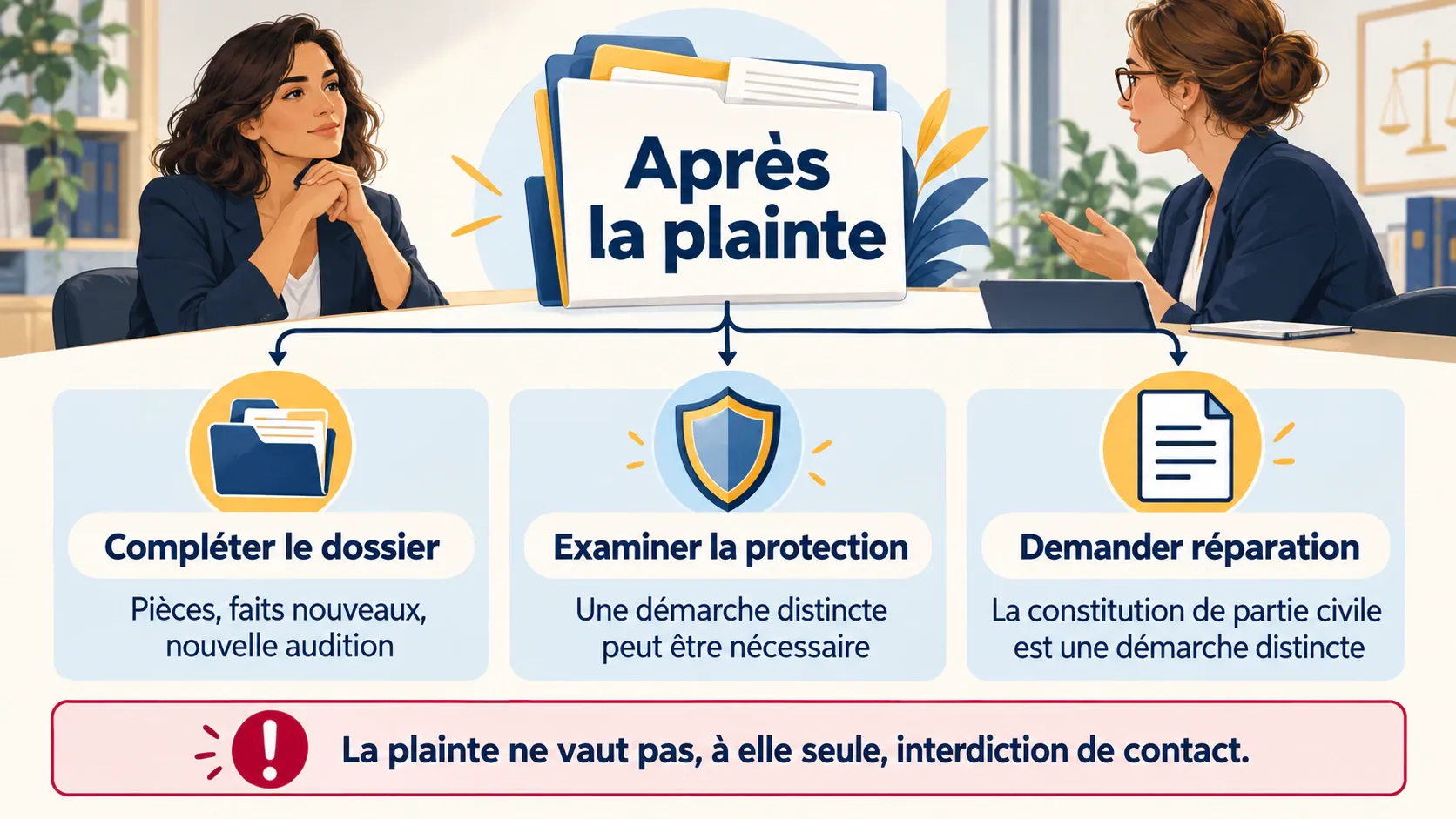 Après la plainte, compléter le dossier, examiner les démarches de protection et distinguer la demande de réparation.