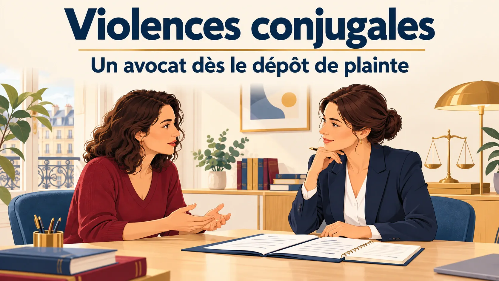 Bannière « Violences conjugales : un avocat dès le dépôt de plainte », illustrée par une avocate écoutant une femme dans son bureau.