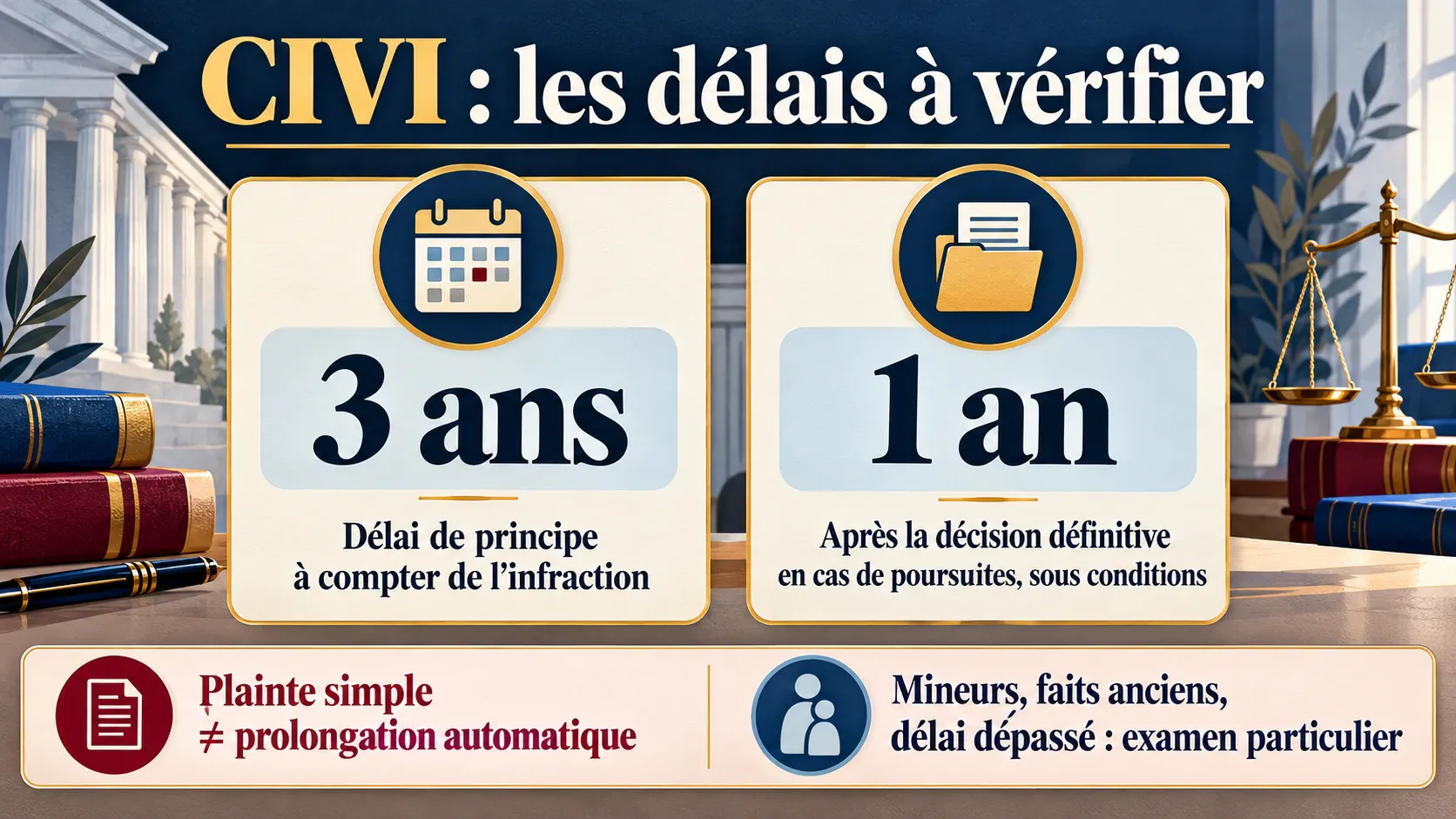 Repères des délais CIVI : trois ans en principe, prolongation sous conditions et examen des situations particulières.
