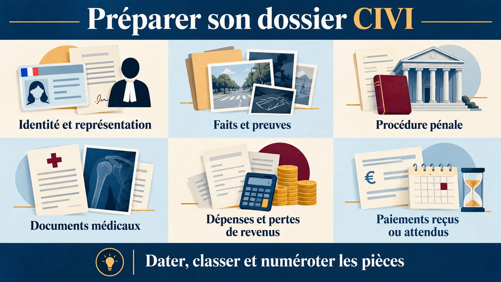 Pièces du dossier CIVI regroupées en six thèmes : identité, faits, procédure, santé, conséquences financières et paiements.