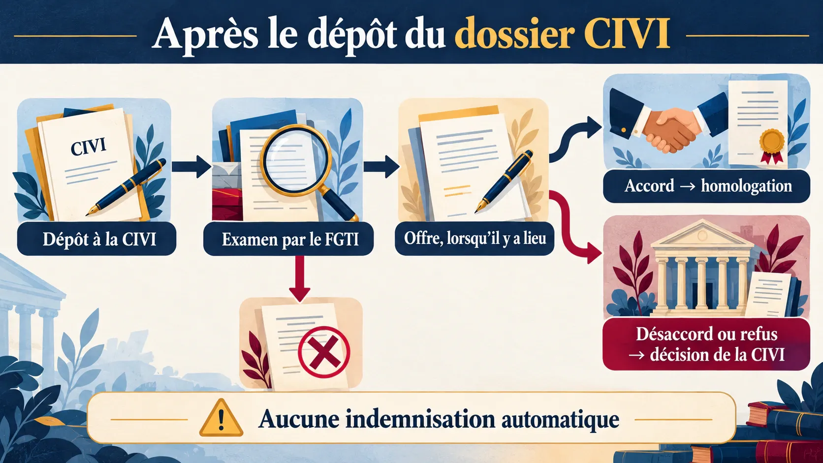 Parcours du dossier CIVI : dépôt, examen par le FGTI, offre puis accord homologué ou décision de la CIVI en cas de désaccord.