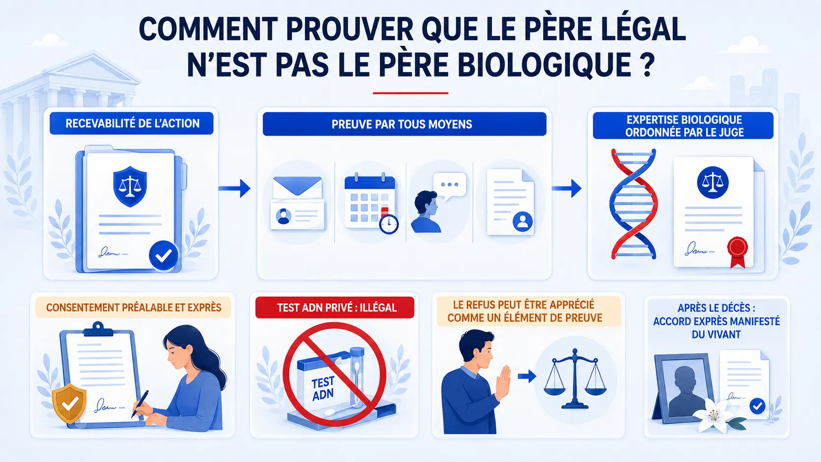 Infographie sur les preuves et l’expertise biologique en contestation de paternité.