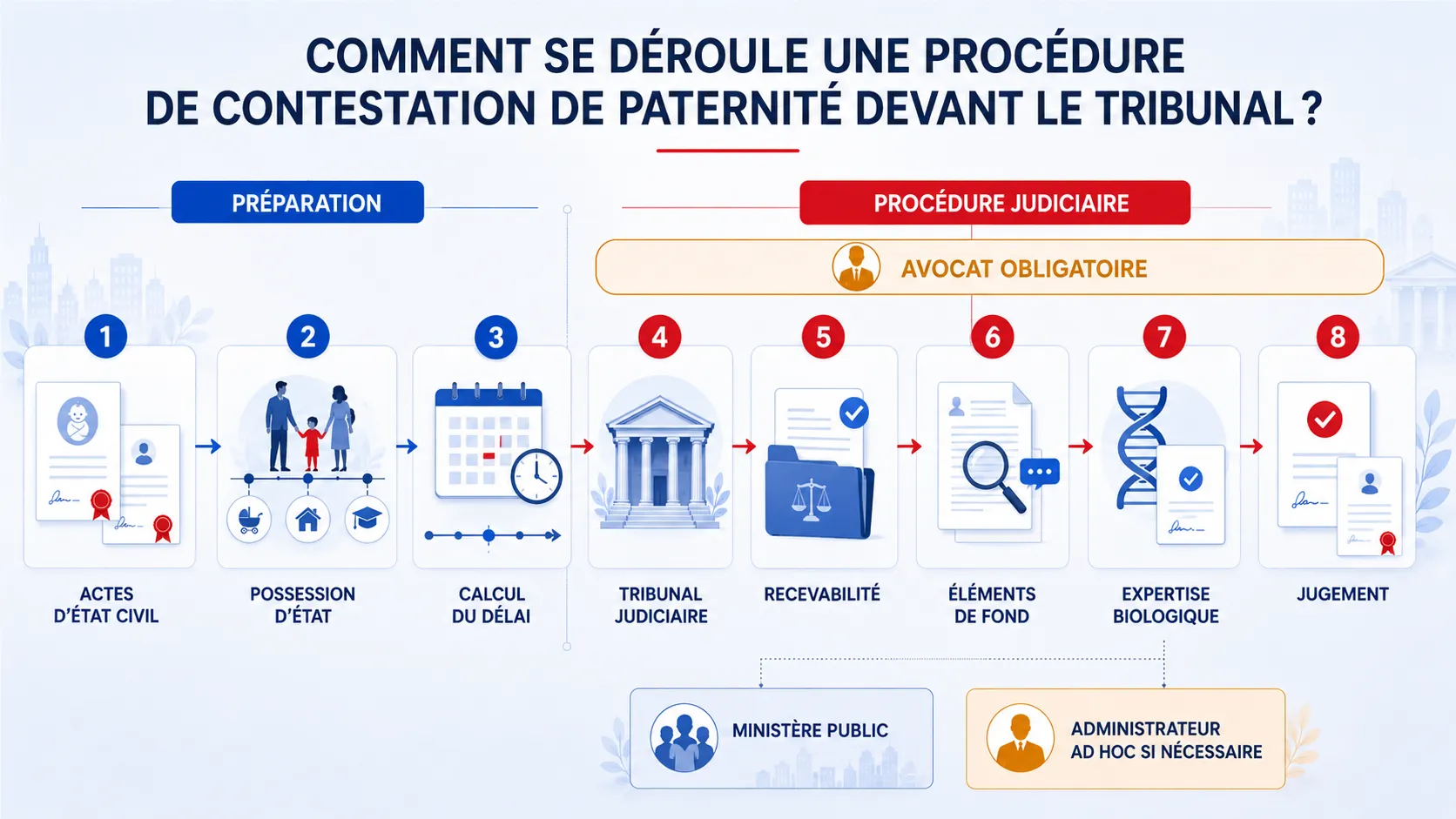 Étapes de la procédure judiciaire de contestation de paternité.