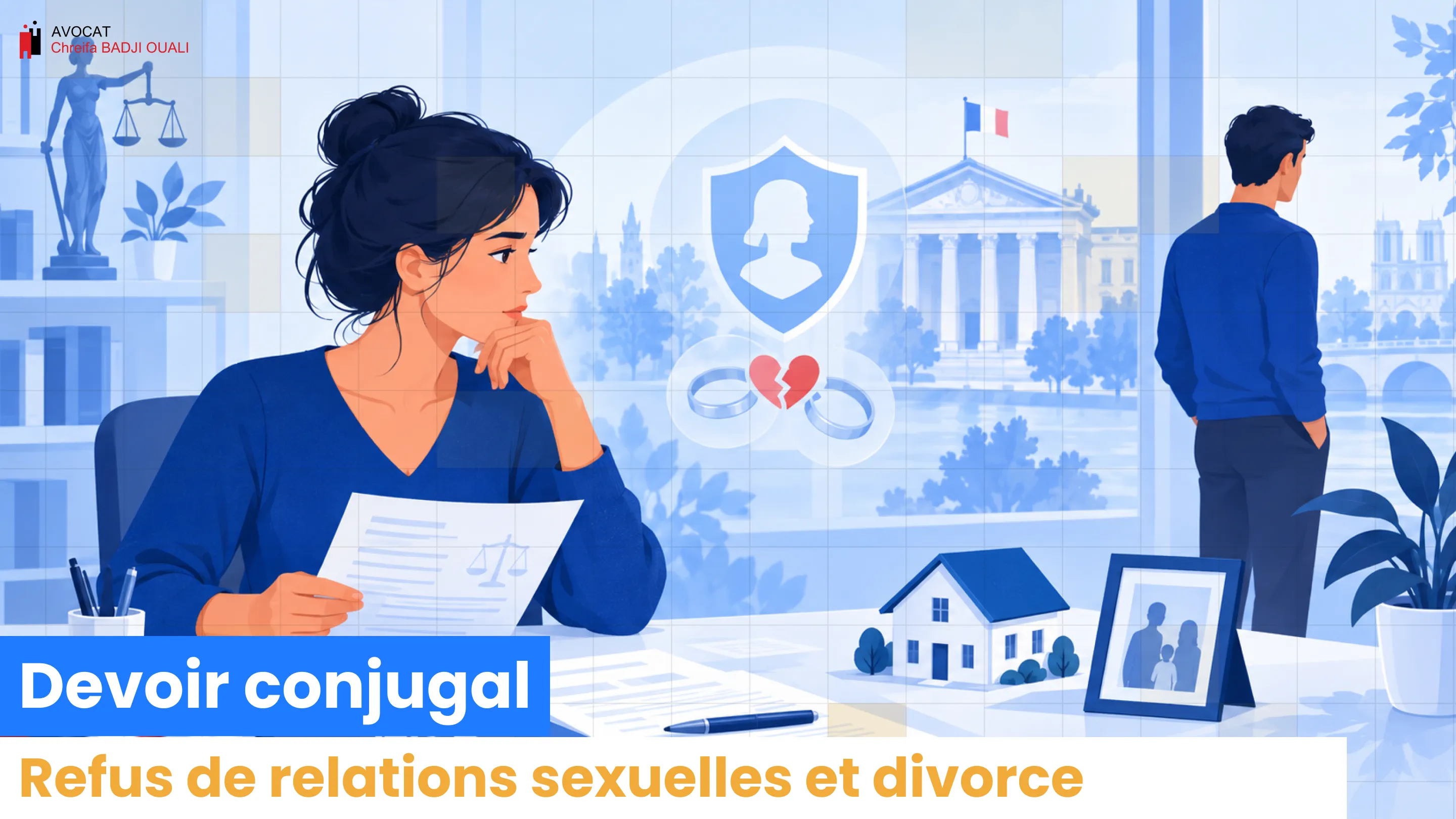 Devoir conjugal et divorce : une femme examine son dossier après une séparation.