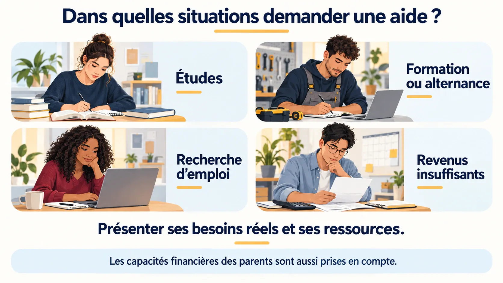 Études, formation ou alternance, recherche d’emploi et activité peu rémunérée : présenter les besoins et les ressources du jeune majeur.