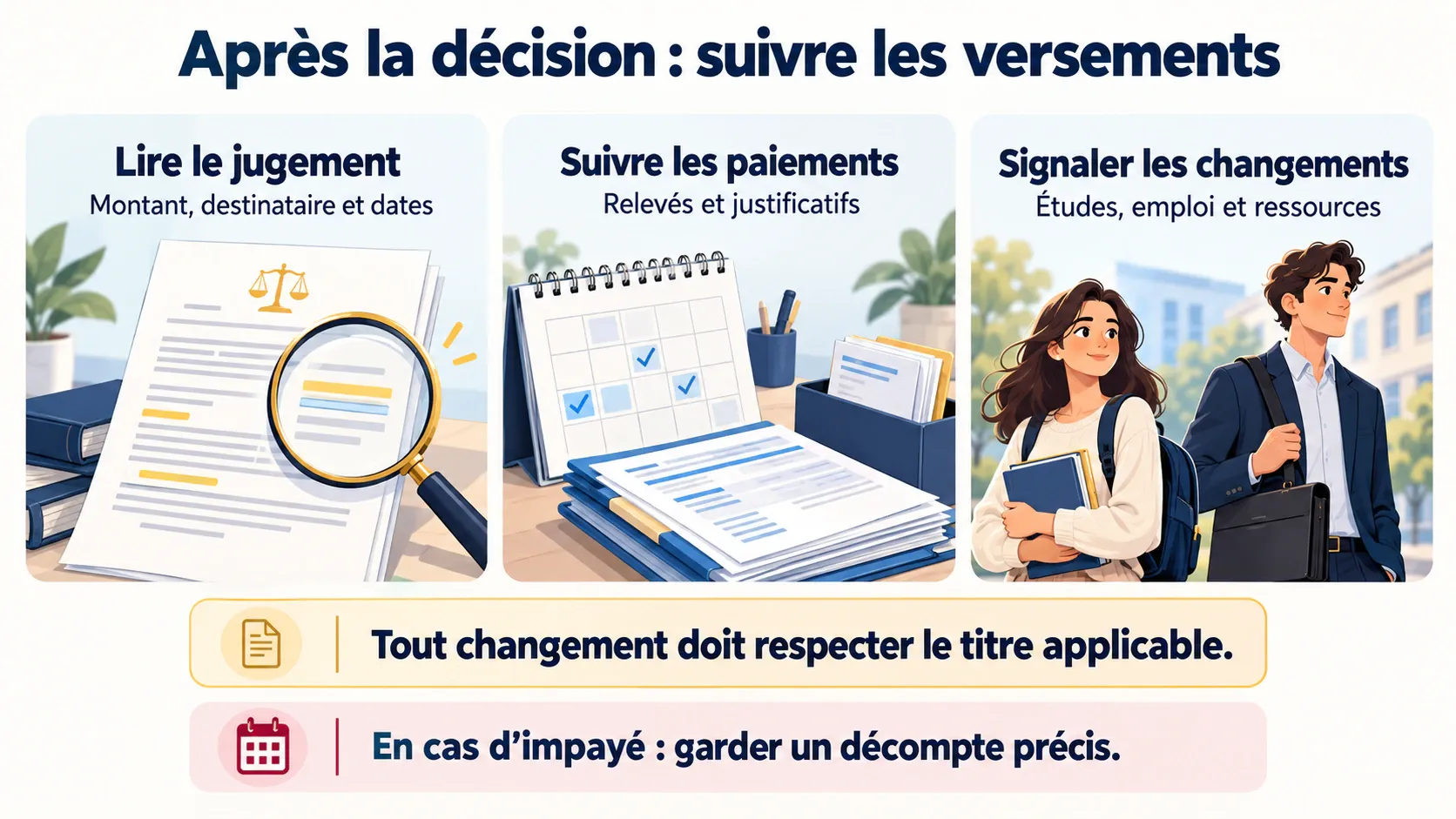 Après la décision, vérifier les modalités du jugement, suivre les paiements, conserver les justificatifs et signaler les changements de situation.