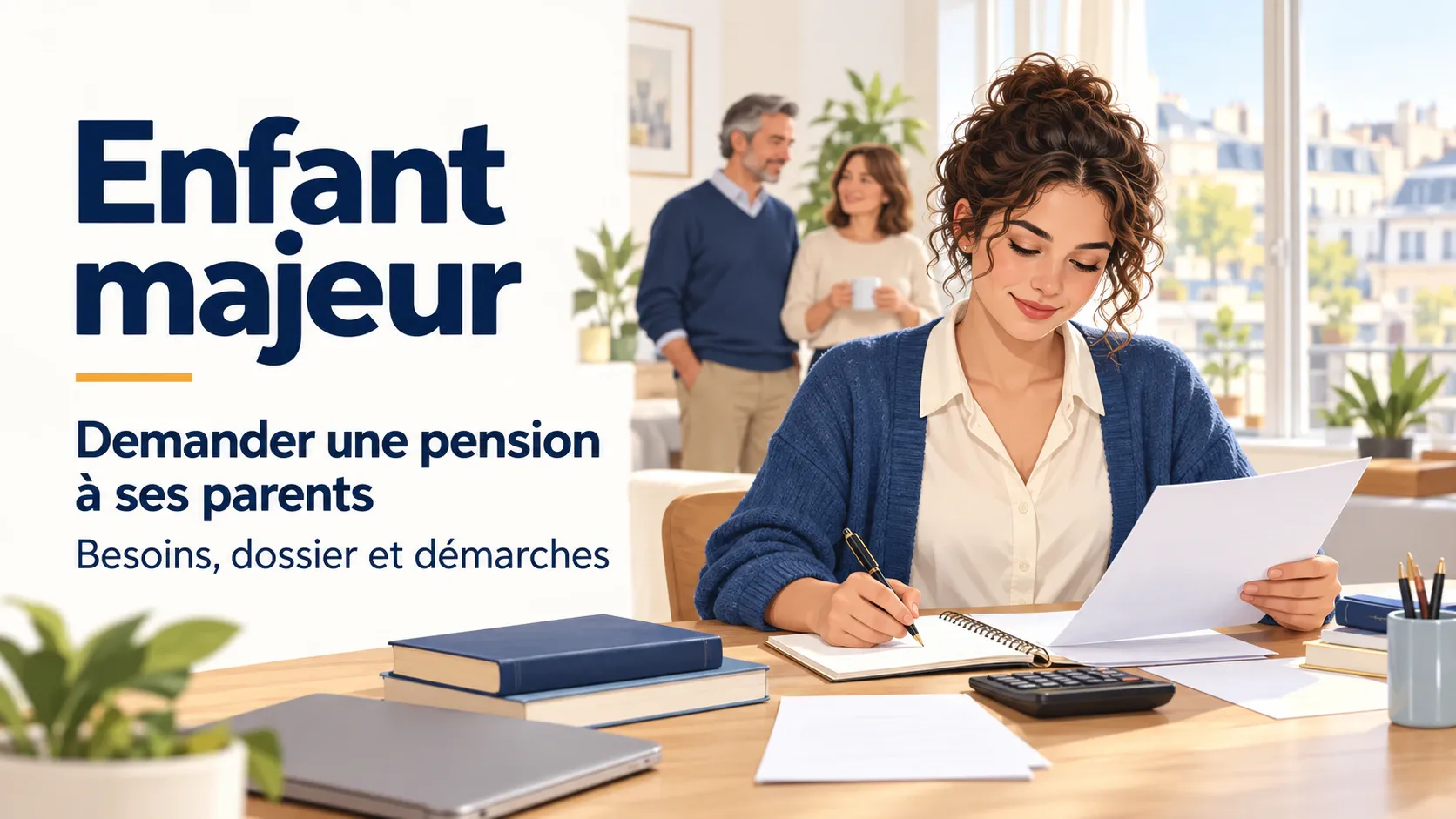 Une jeune adulte prépare une demande d’aide financière à ses parents, avec son budget et ses documents d’études.