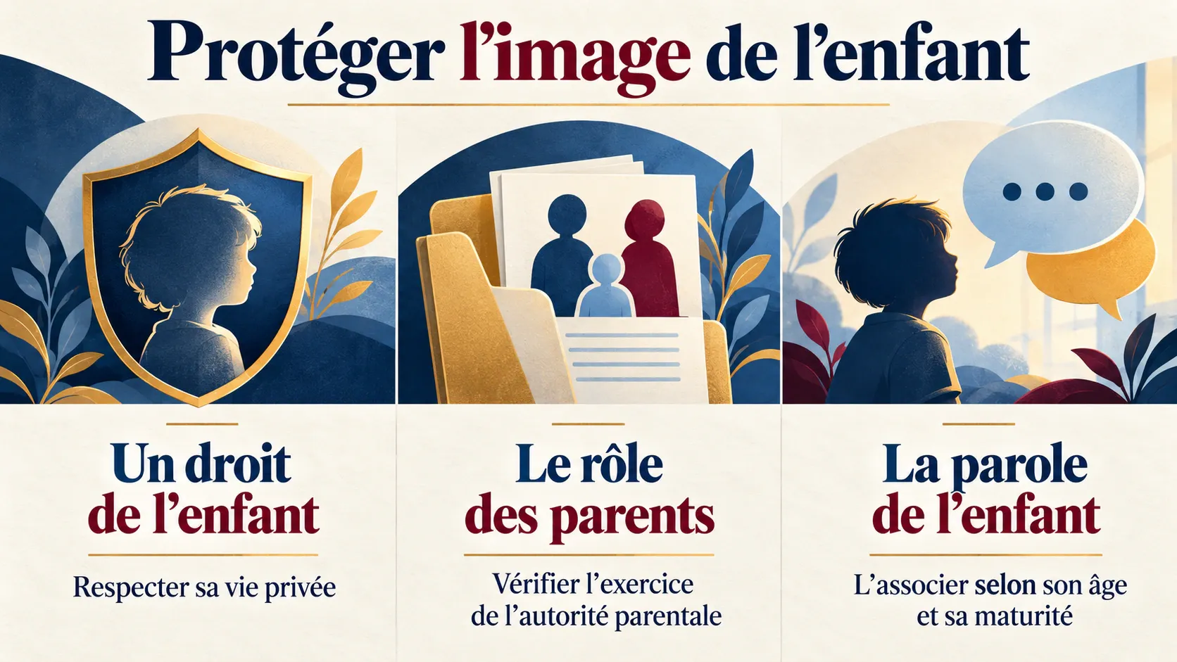Trois repères : le droit à l’image appartient à l’enfant, les parents le protègent et l’enfant est associé selon son âge et sa maturité.