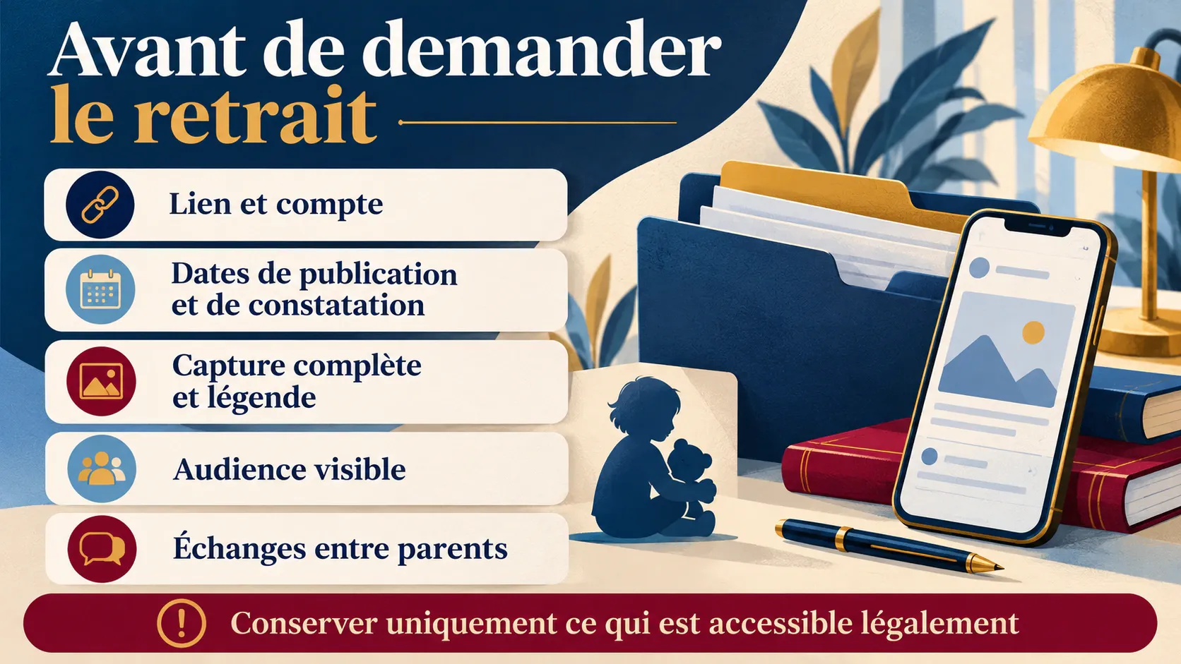 Éléments à conserver légalement : lien et compte, dates, capture complète, audience visible et échanges entre parents.