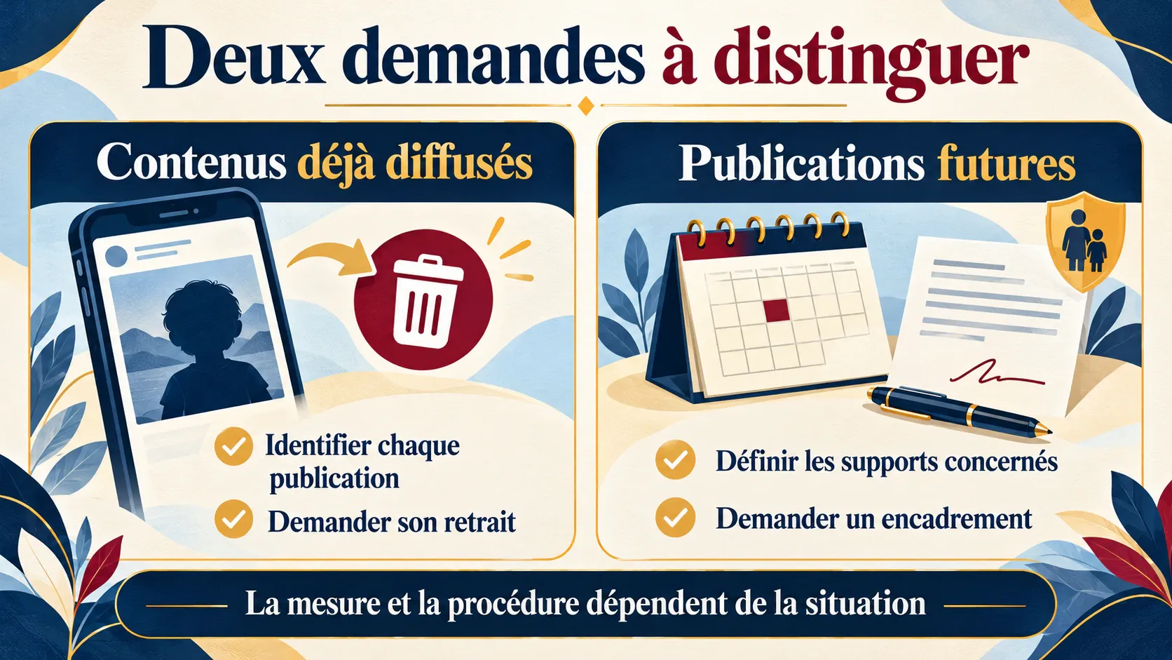 Deux demandes distinctes : retirer les contenus déjà diffusés et encadrer les publications futures, selon la situation et la procédure adaptée.