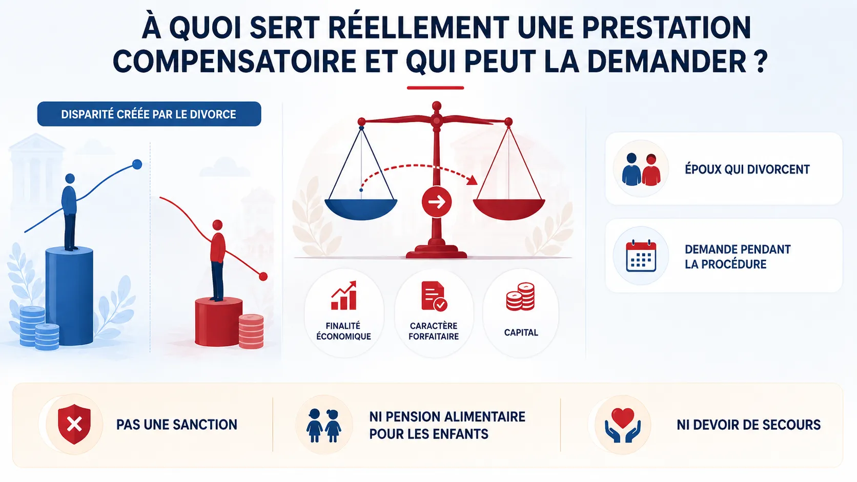 Infographie sur la finalité et la demande d’une prestation compensatoire.