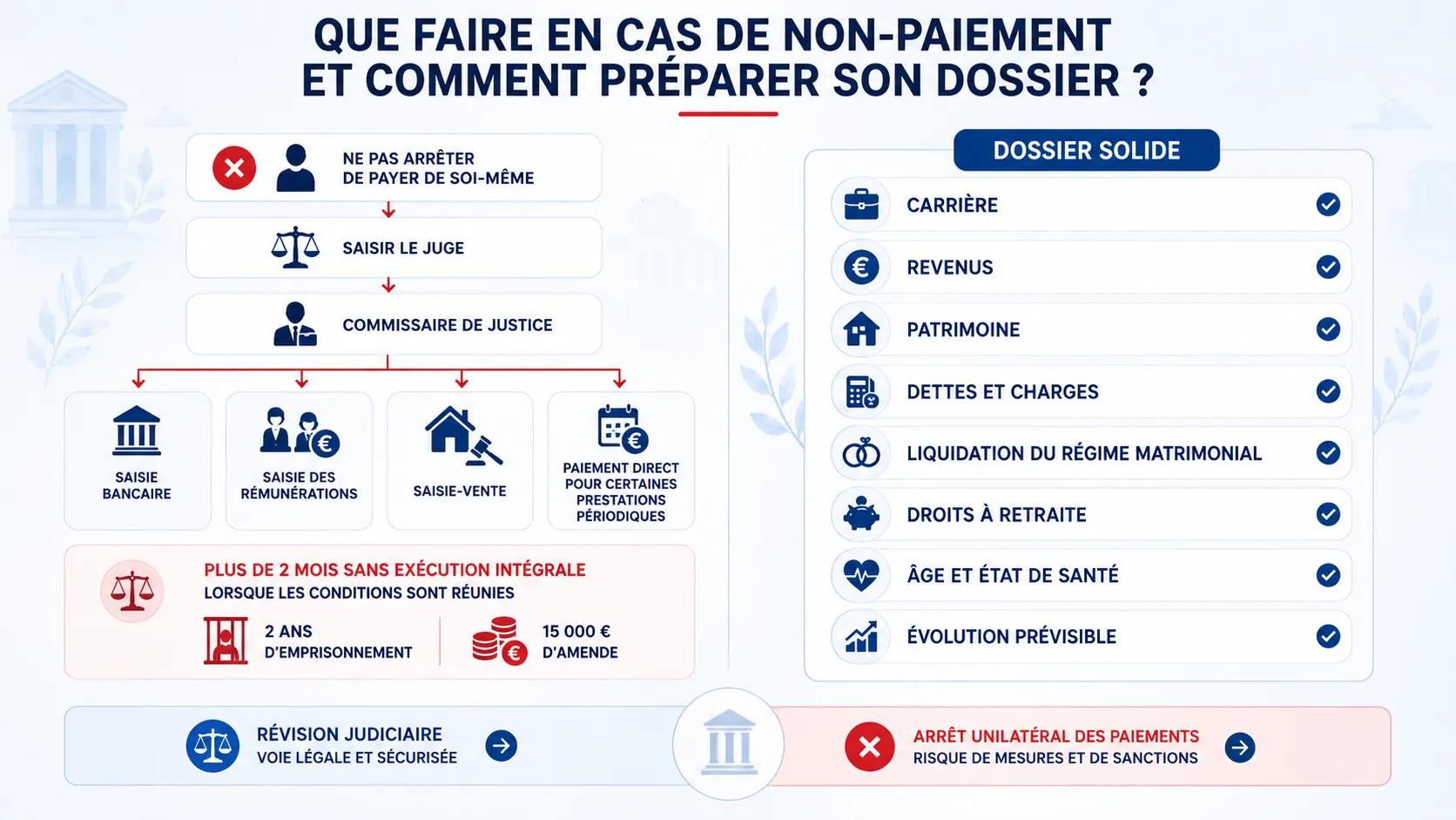 Recours en cas de non-paiement et éléments d’un dossier de prestation compensatoire.
