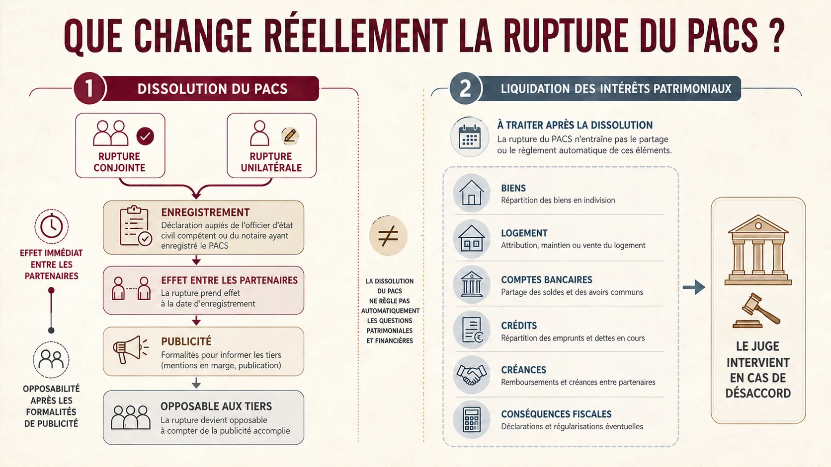 Différence entre dissolution du PACS et liquidation des intérêts patrimoniaux.