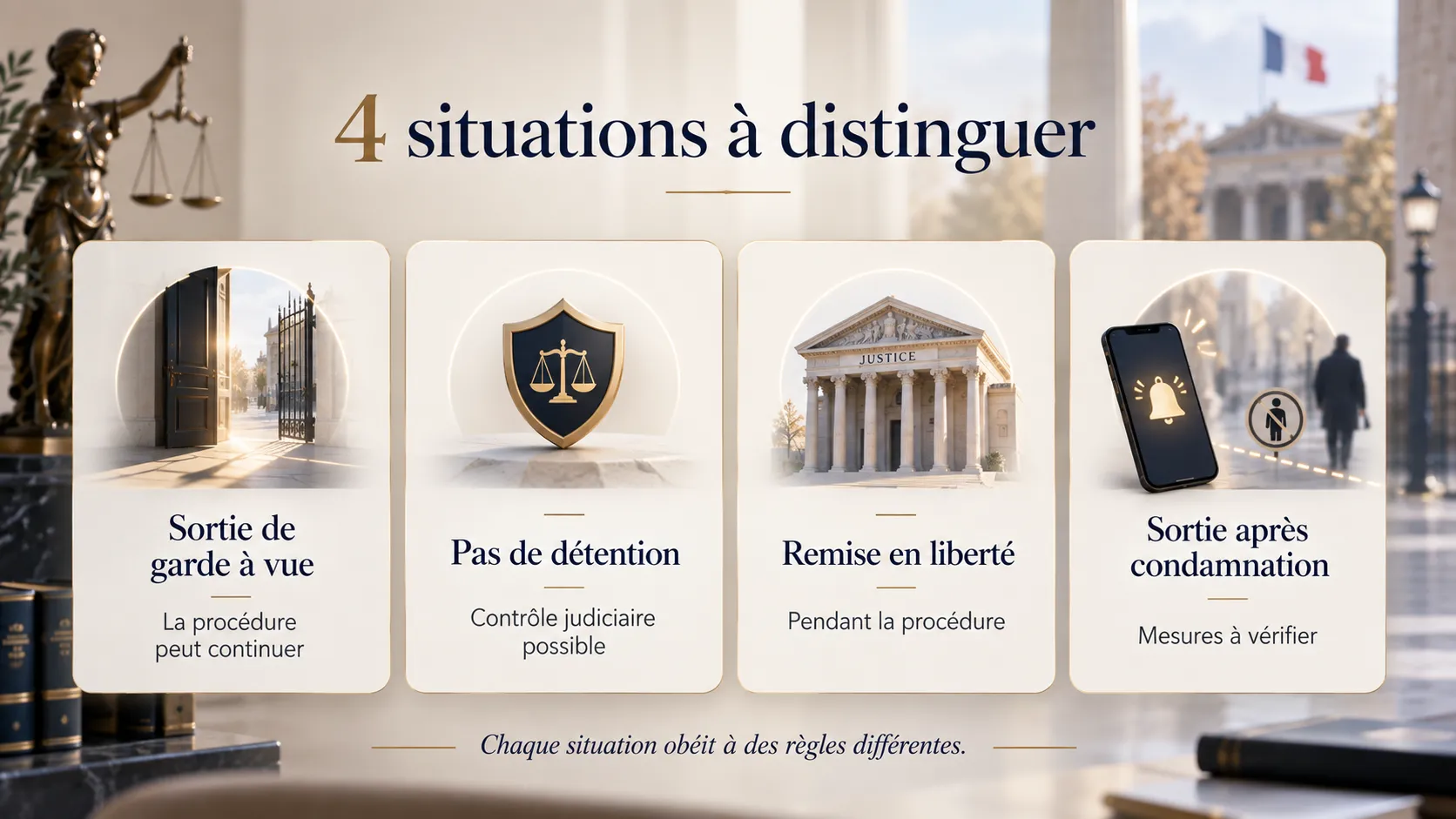 Quatre situations distinguées : sortie de garde à vue, absence de détention, remise en liberté et sortie après condamnation.