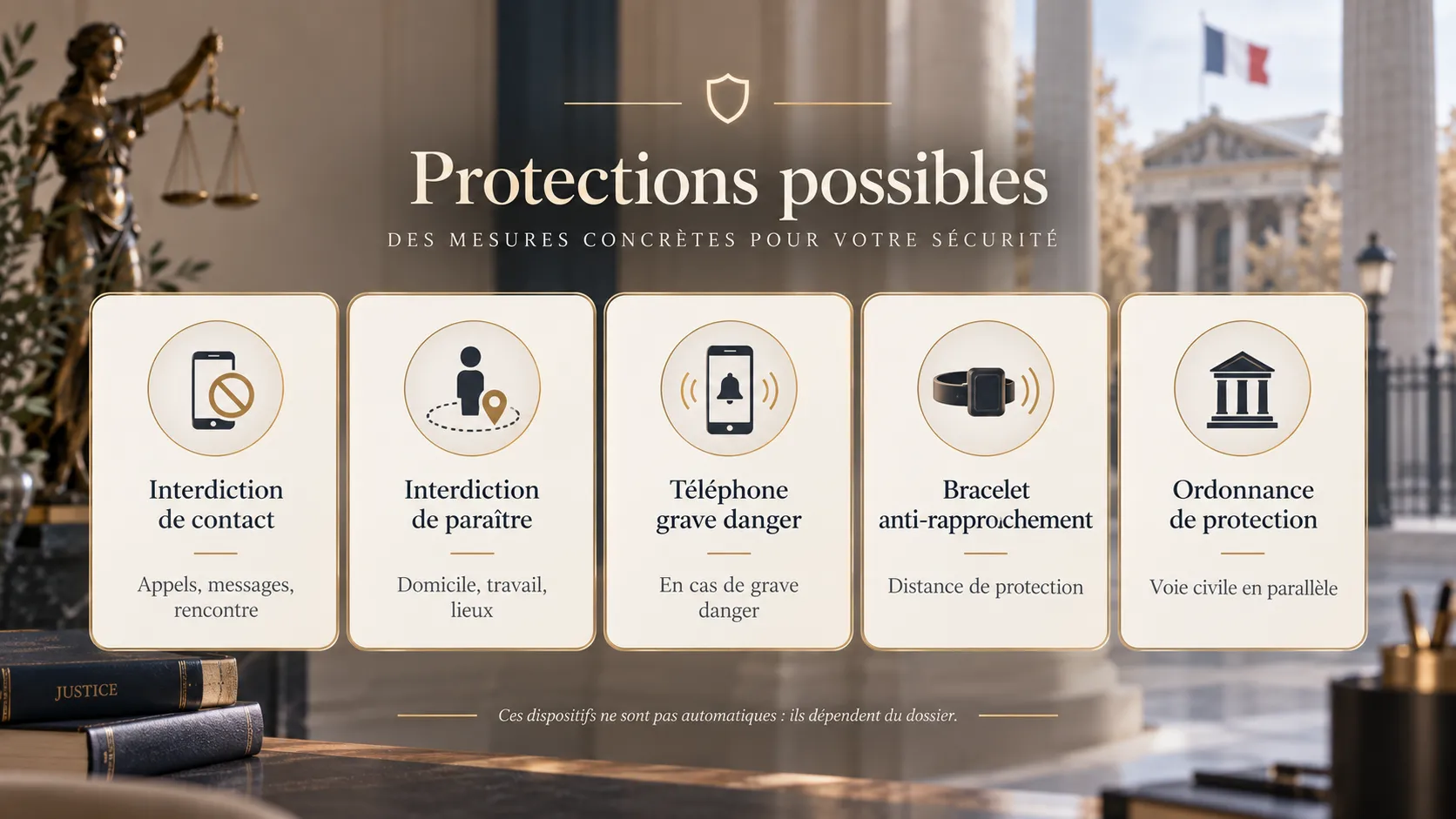 Infographie des protections possibles : interdictions, téléphone grave danger, bracelet anti-rapprochement et ordonnance de protection.