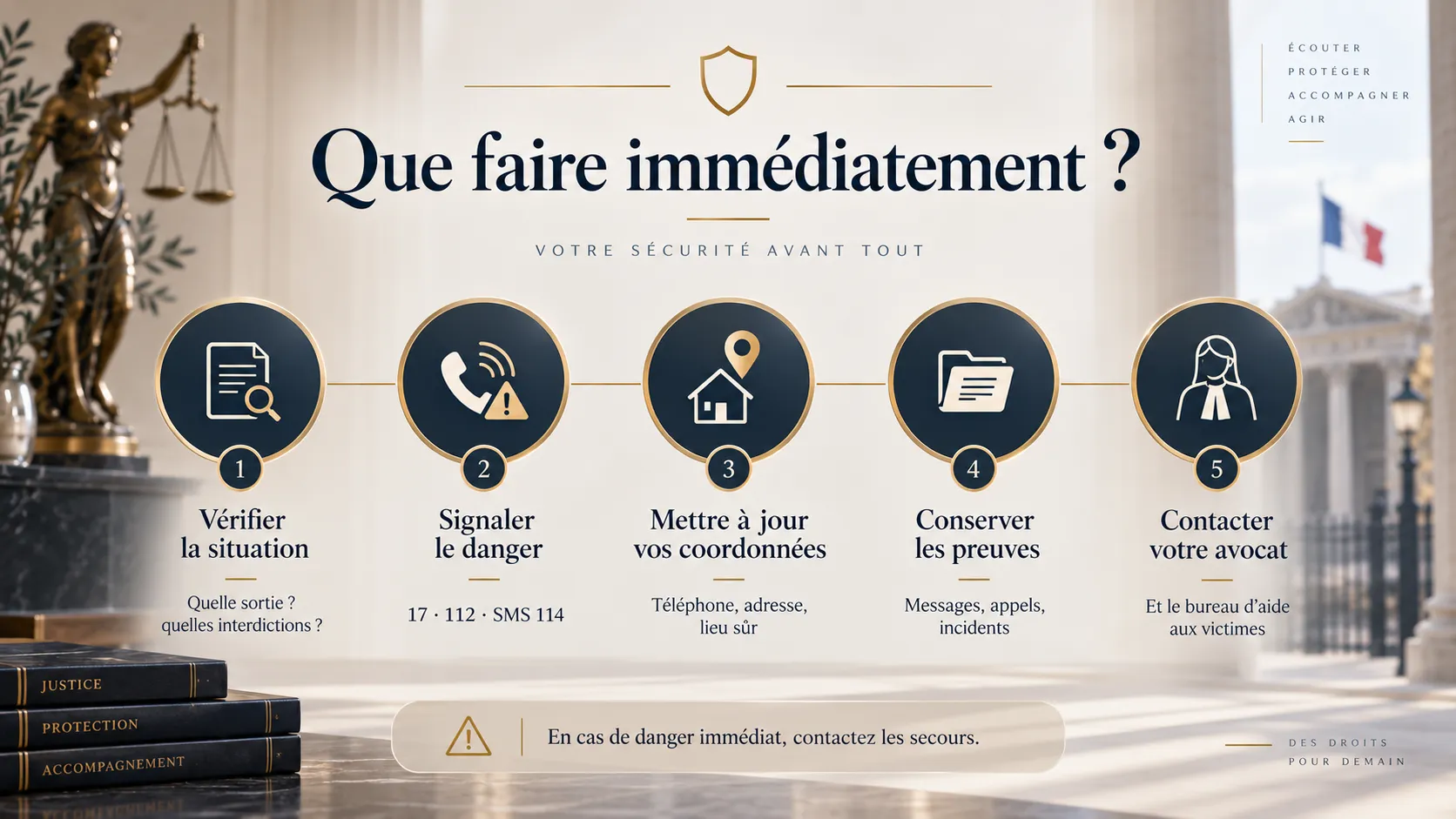 Démarches immédiates : vérifier les mesures, signaler le danger, actualiser ses coordonnées, conserver les preuves et contacter son avocat.